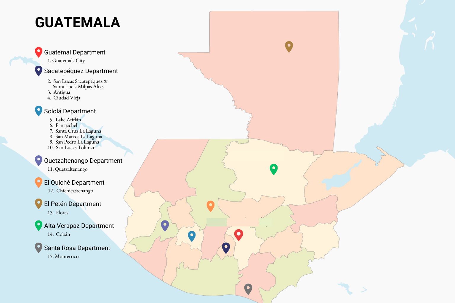 Map with the best places to live in Guatemala highlighted, including key cities and regions.