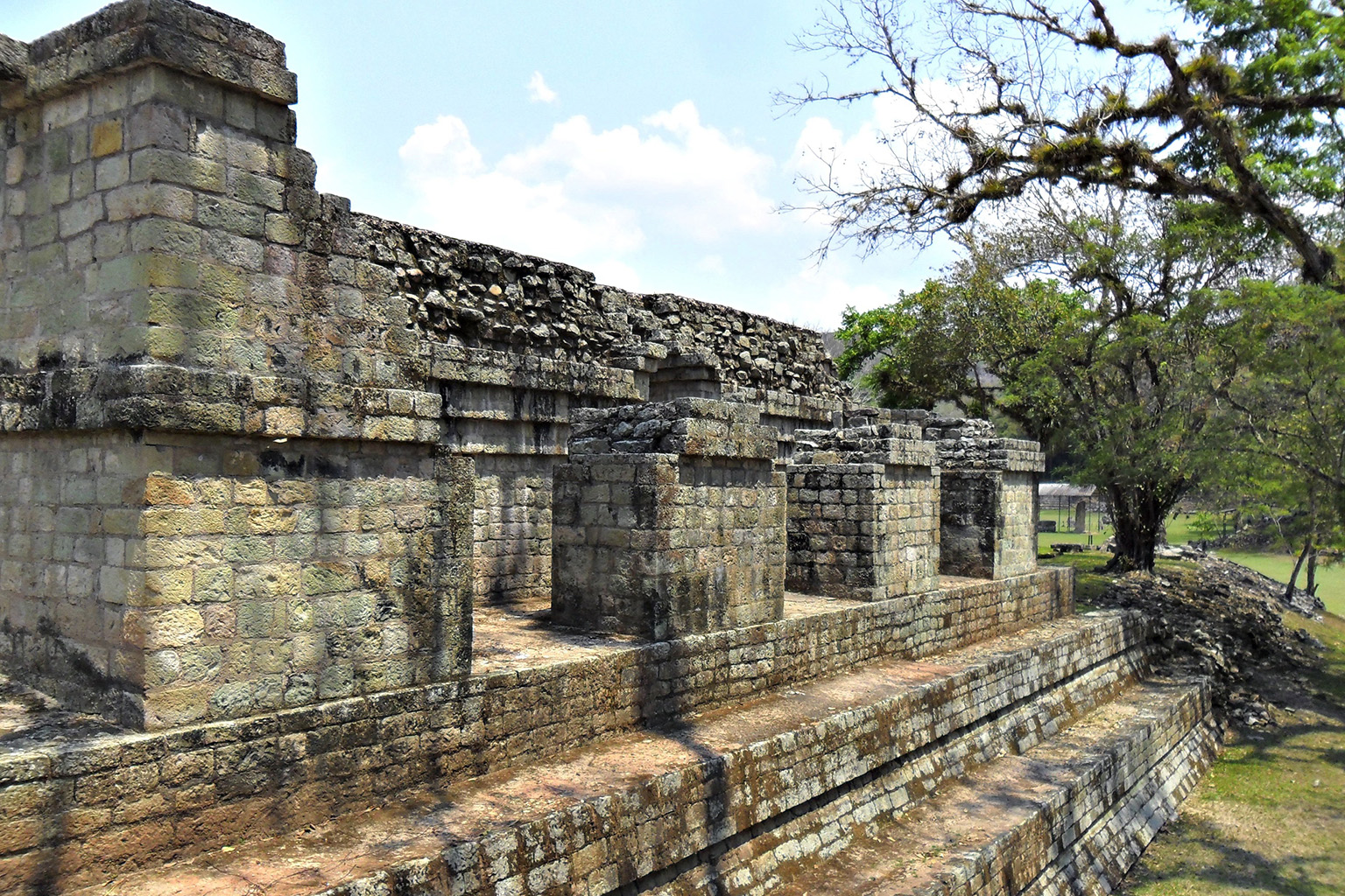 Mayan ruins in Copán, Honduras, with intricate stone carvings.