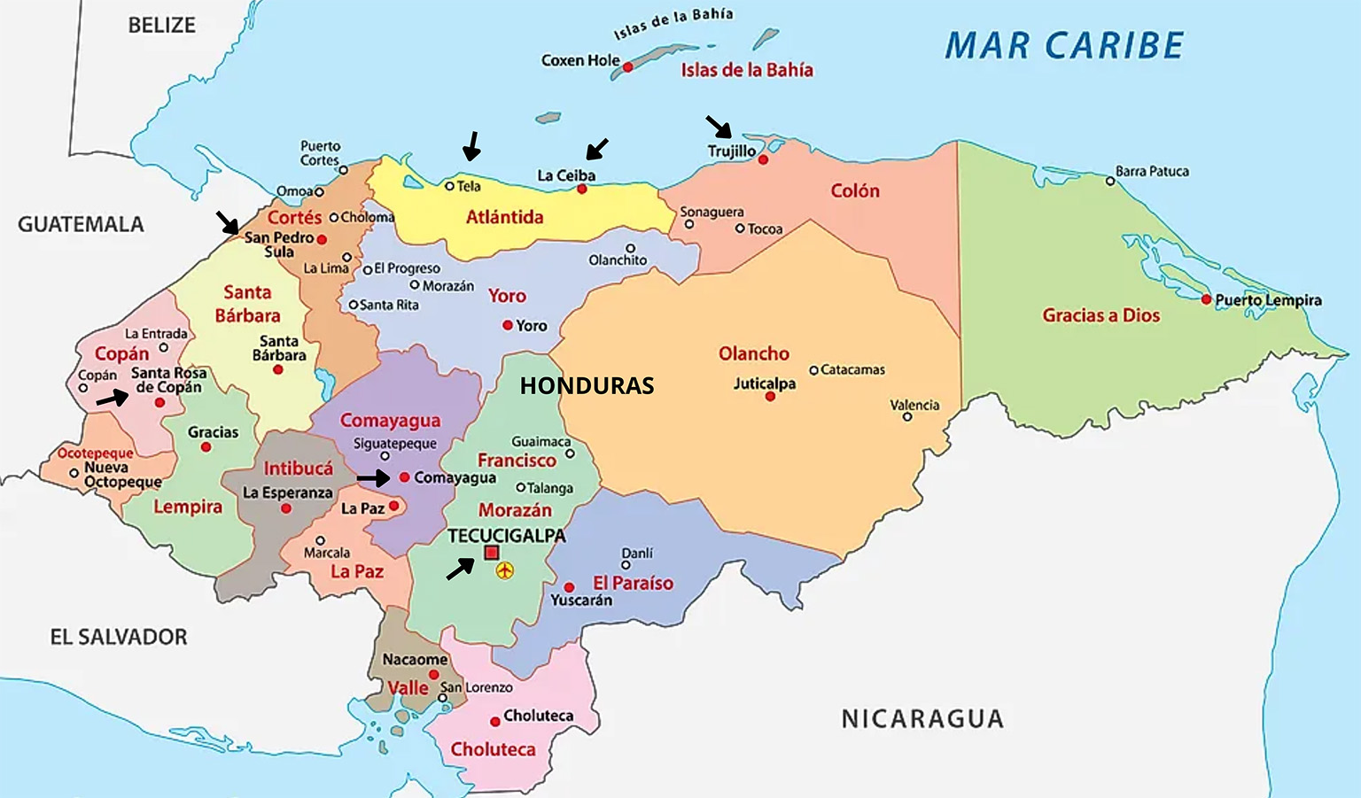 A detailed map highlighting top destination for expats who want to live in Honduras.