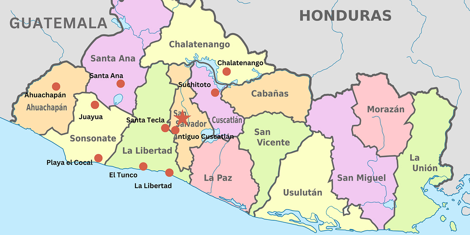 best-places-live-El-Salvador-map A map highlighting top expat and local living destinations in El Salvador.