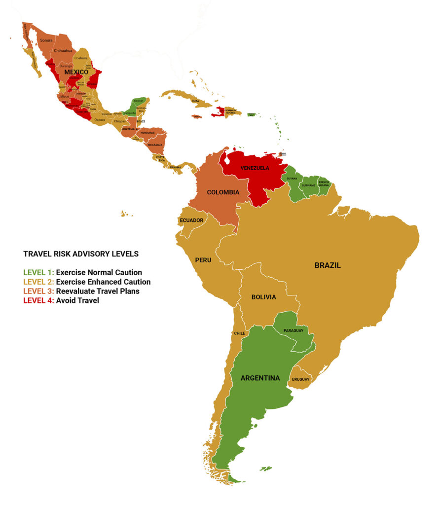 A map showing the U.S. State Department’s safety ratings for Latin American countries.
