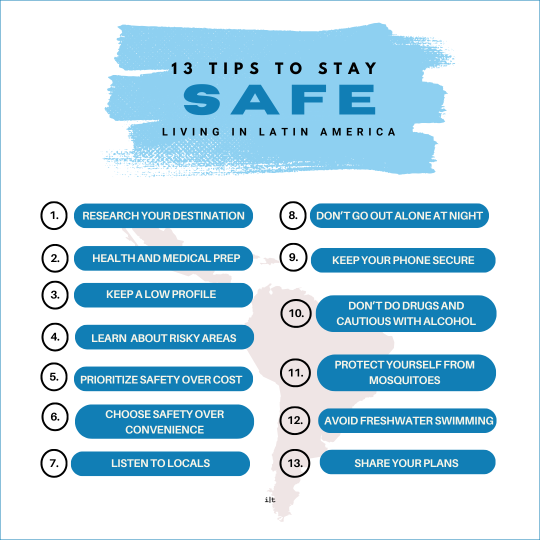 A chart listing 13 tips to stay safe living in Latin America.