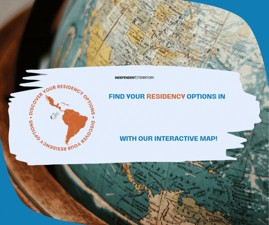 Animated GIF showing a Latin America map with overlay text 'Find Your Residency in Latin America' followed by interactive motion of a finger pointing at country names on the map