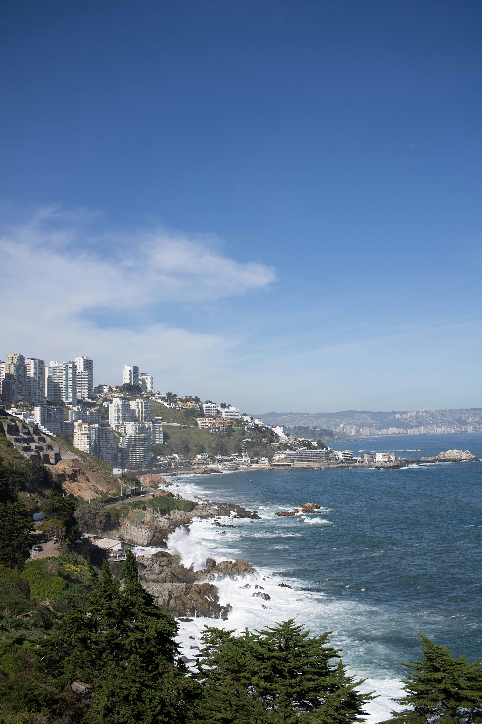 Coastal view of Valparaíso with colorful hillside homes for people living in Chile.