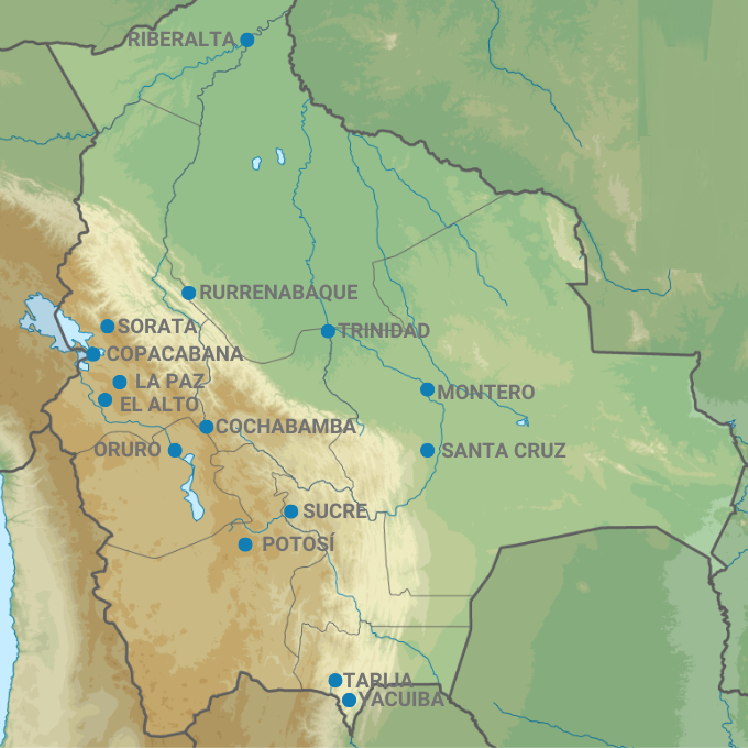 This country map with 15 cities and regions highlighted, indicating some of the best places to live in Bolivia.