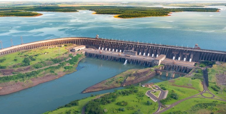 Aerial view of the Itaipú Dam and reservoir a big reason for the low cost of living in Paraguay