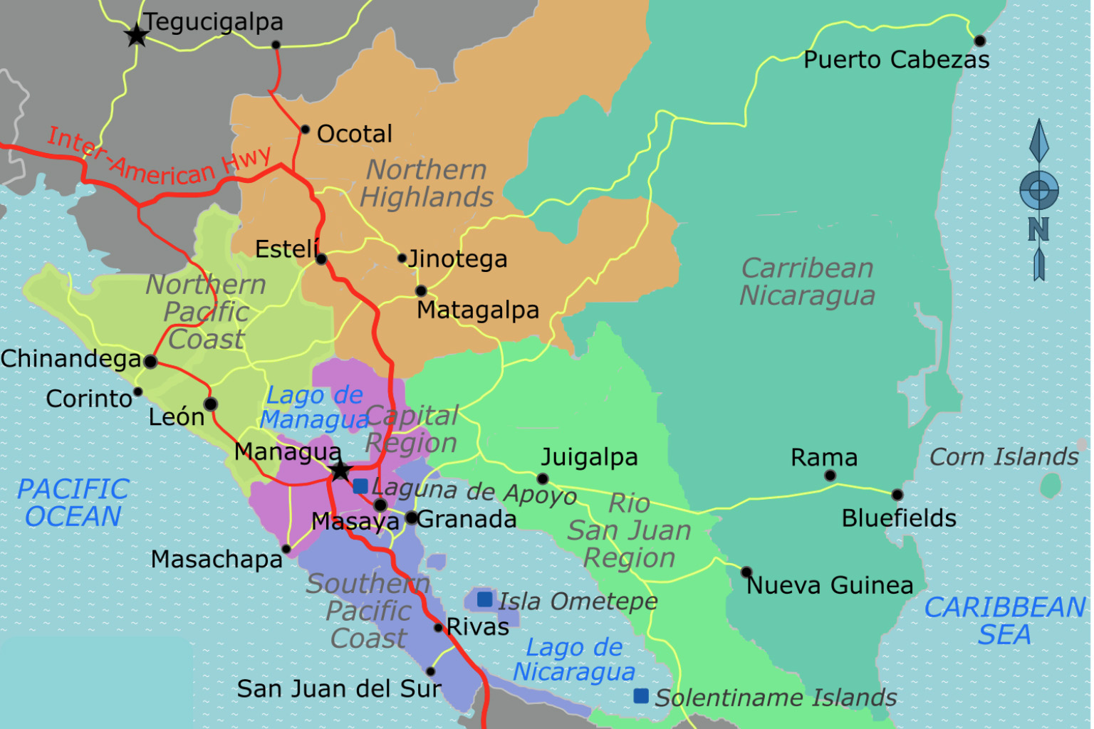 Map highlighting popular places for expats living in Nicaragua