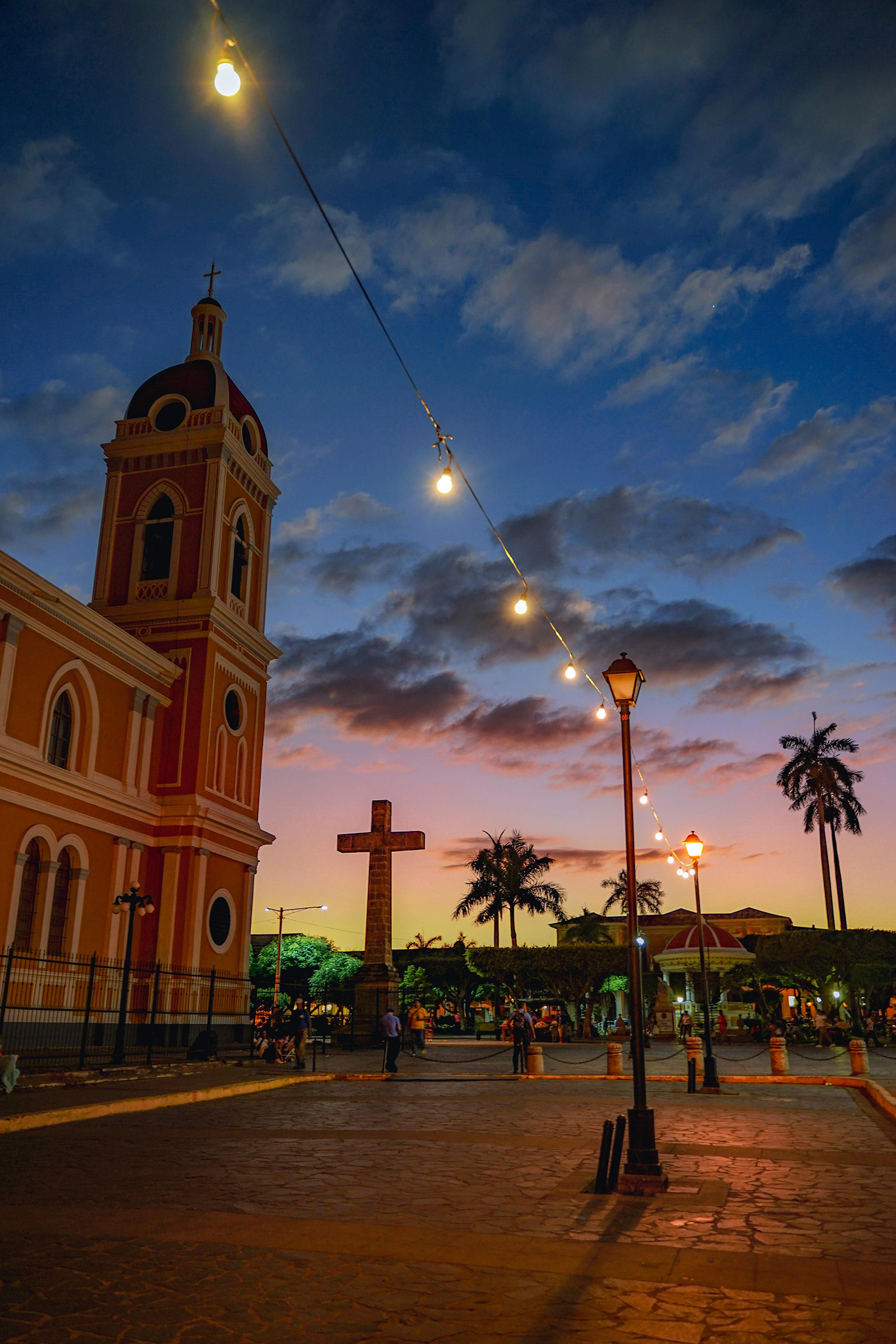 Colonial church in Nicaragua illuminated at night