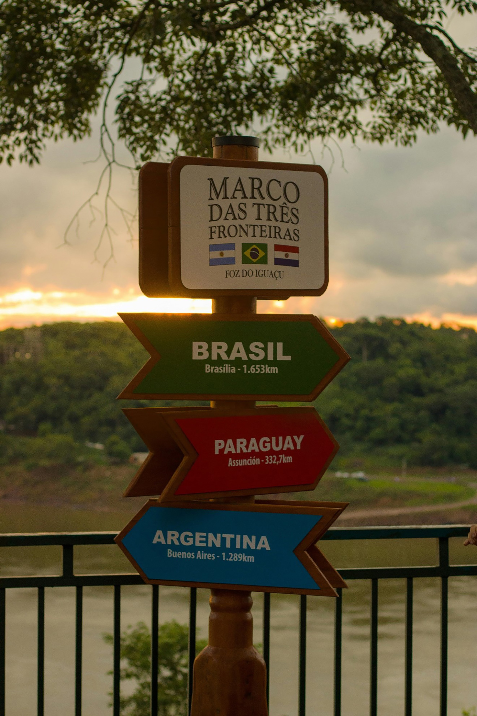 Three Frontiers sign marking the borders of Paraguay, Brazil, and Argentina