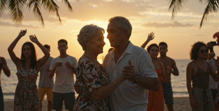 Retired couple dancing on the beach at sunset while retiring in Belize on a pension in 2026