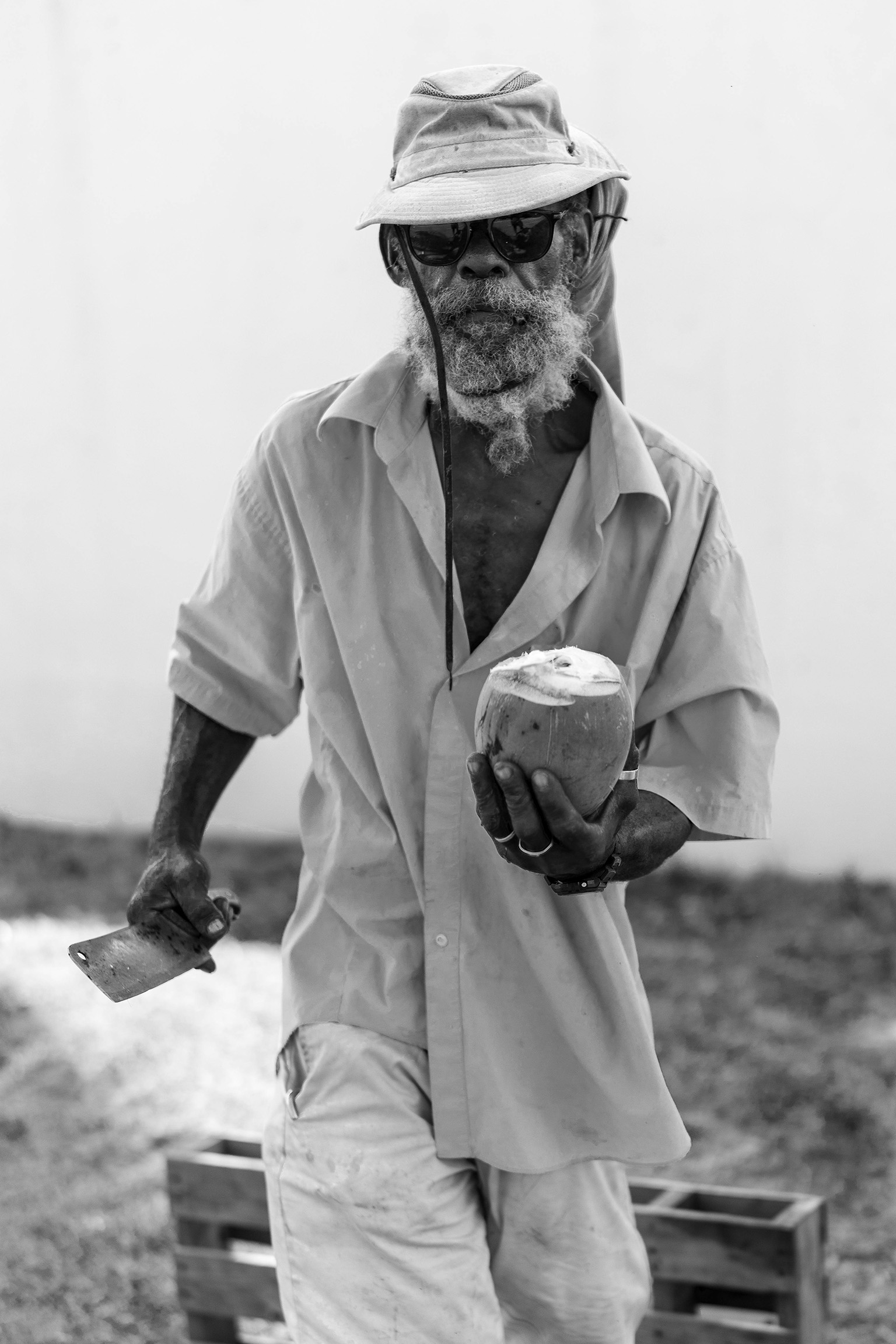 Belizean local opening coconuts with a machete