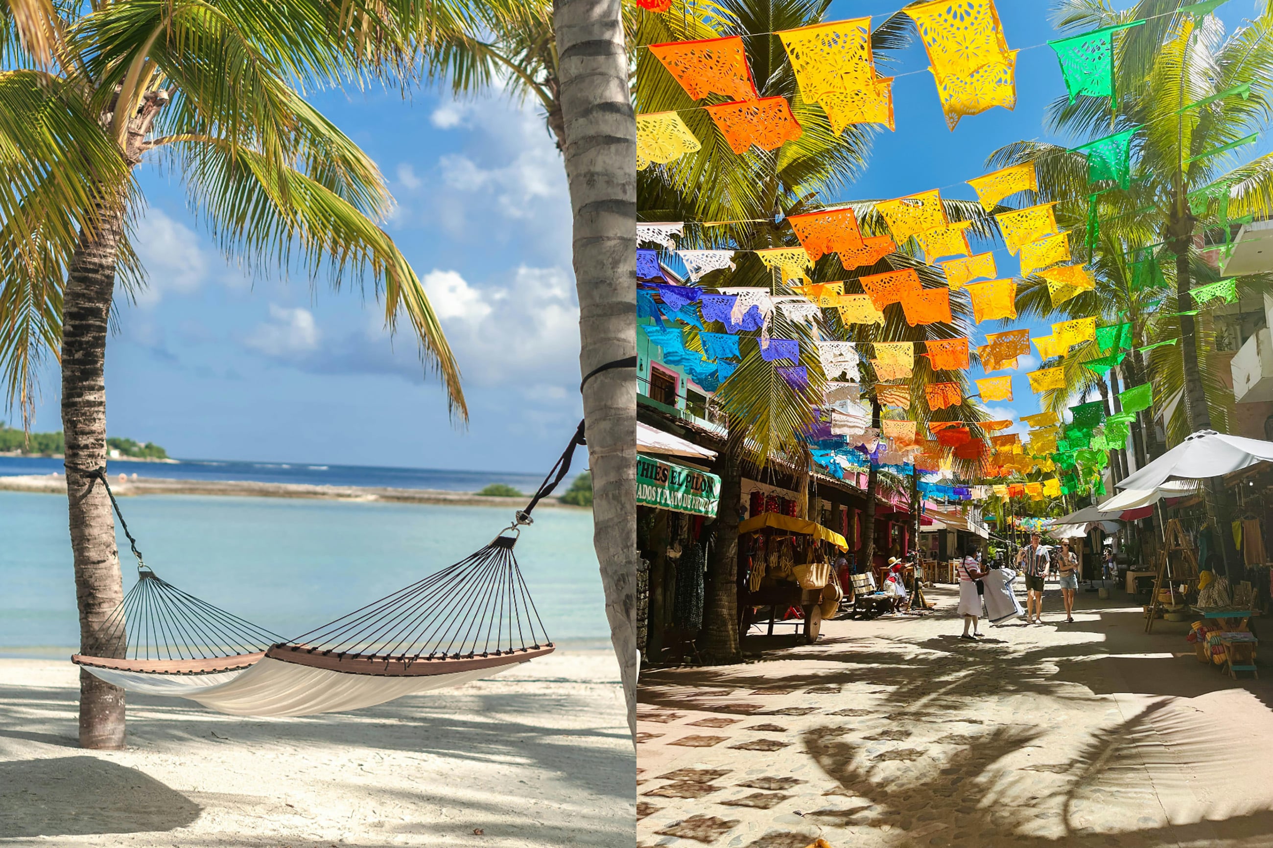 Split image showing a peaceful hammock in Belize and a busy Mexican street, illustrating lifestyle and cost of living in Belize vs Mexico