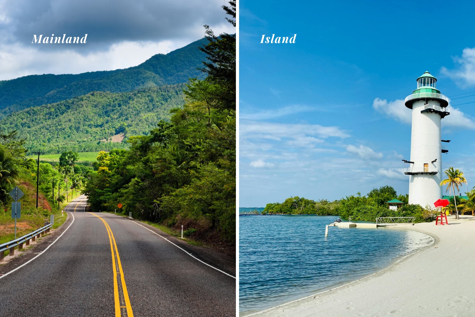Split image comparing mainland and island Belize for healthcare in Belize for retirees