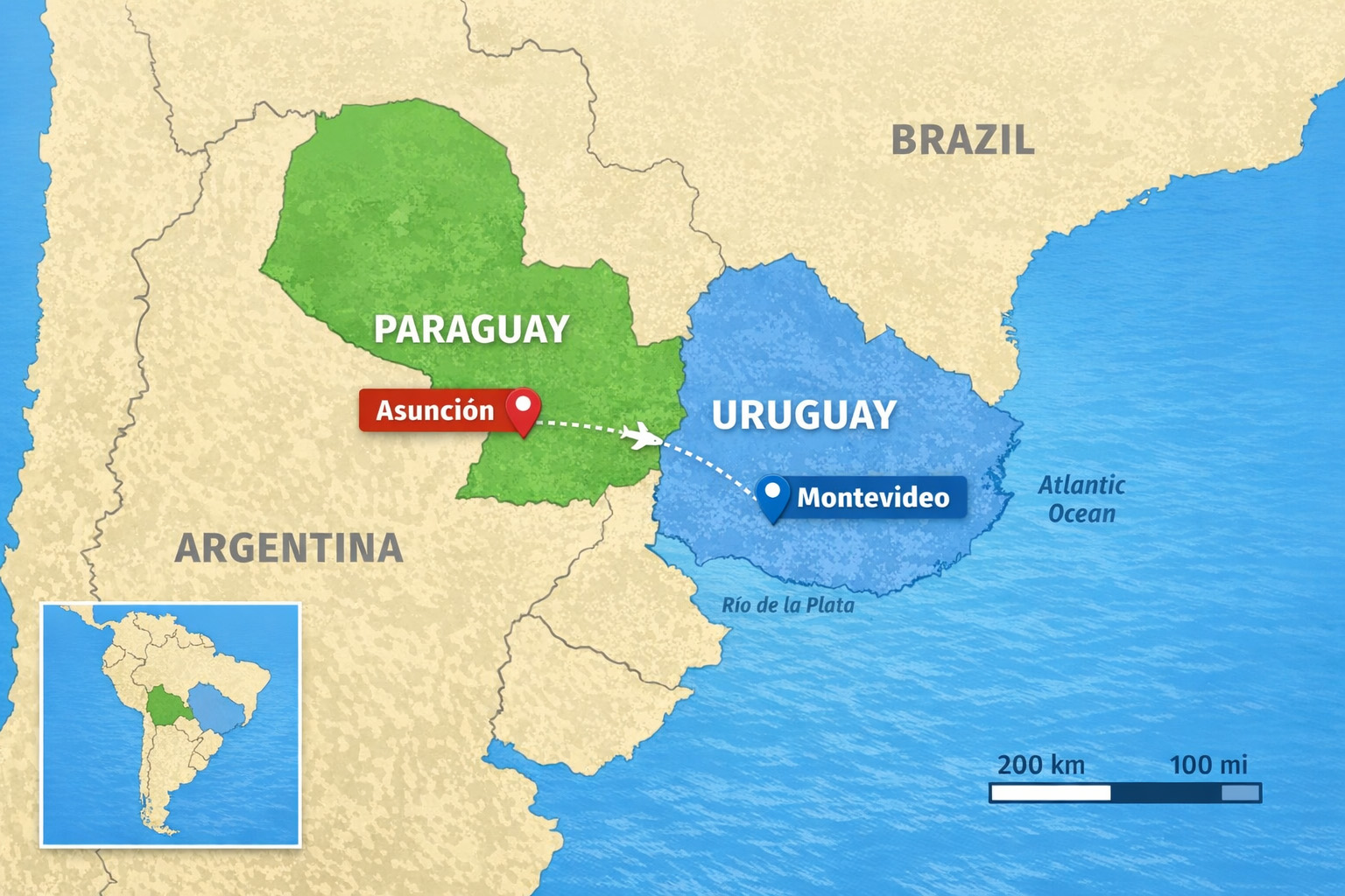 Map showing cost of living in Paraguay vs Uruguay with Asunción and Montevideo highlighted for expats, retirees, and digital nomads in 2026
