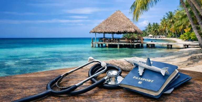Stethoscope, passports, and toy airplane on tropical background symbolizing healthcare in Belize for retirees