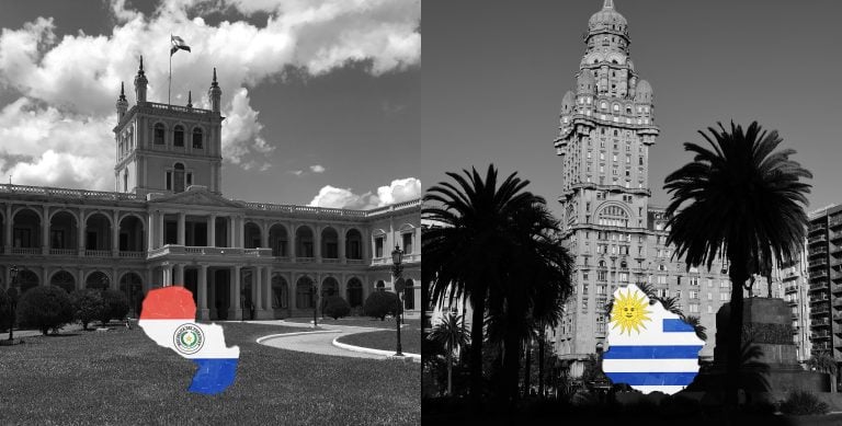 Iconic buildings in Paraguay and Uruguay showing the Presidential Palace and Salvo Palace
