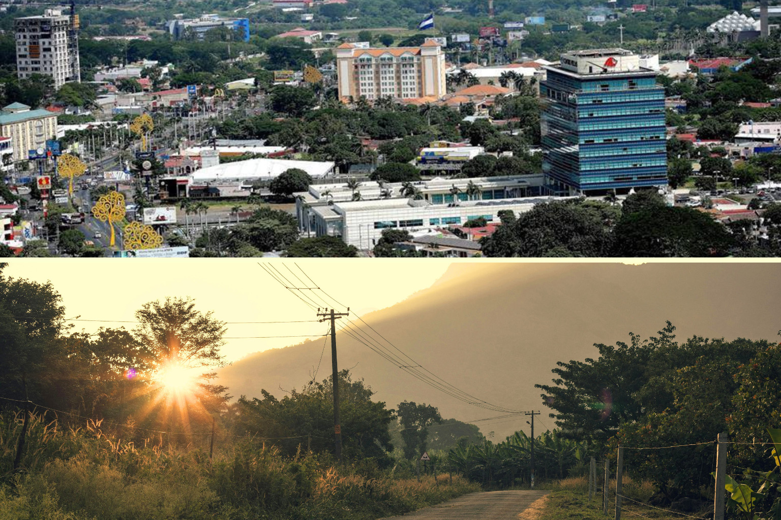 Urban skyline of Managua contrasted with a rural road in Nicaragua illustrating the country’s infrastructure differences.