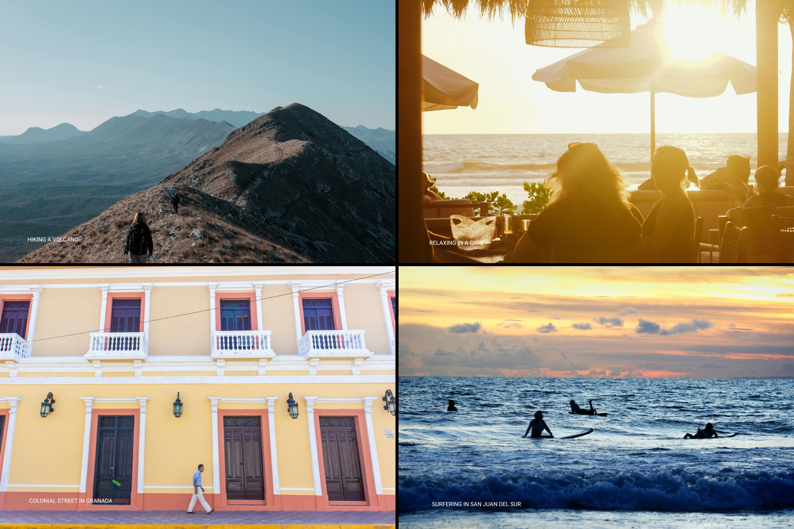 Lifestyle montage of Nicaragua: Granada streets, SJDS surfing, volcano hiking, relaxed cafes 