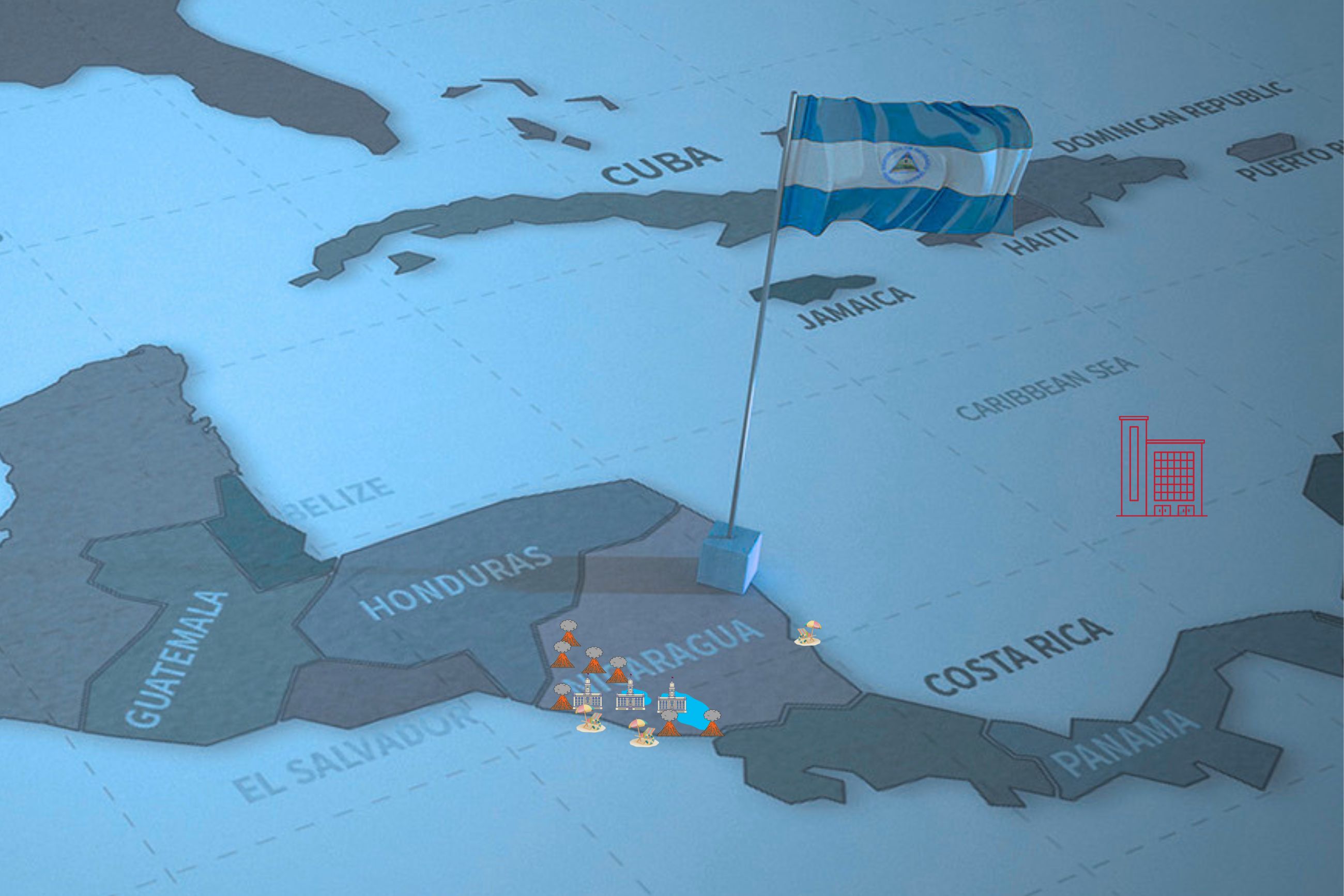 Map of Nicaragua showing major cities, volcanoes, and beach regions 