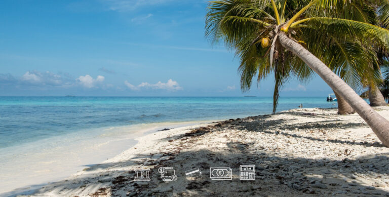 Banking in Belize for expats concept with tropical beach and financial icons