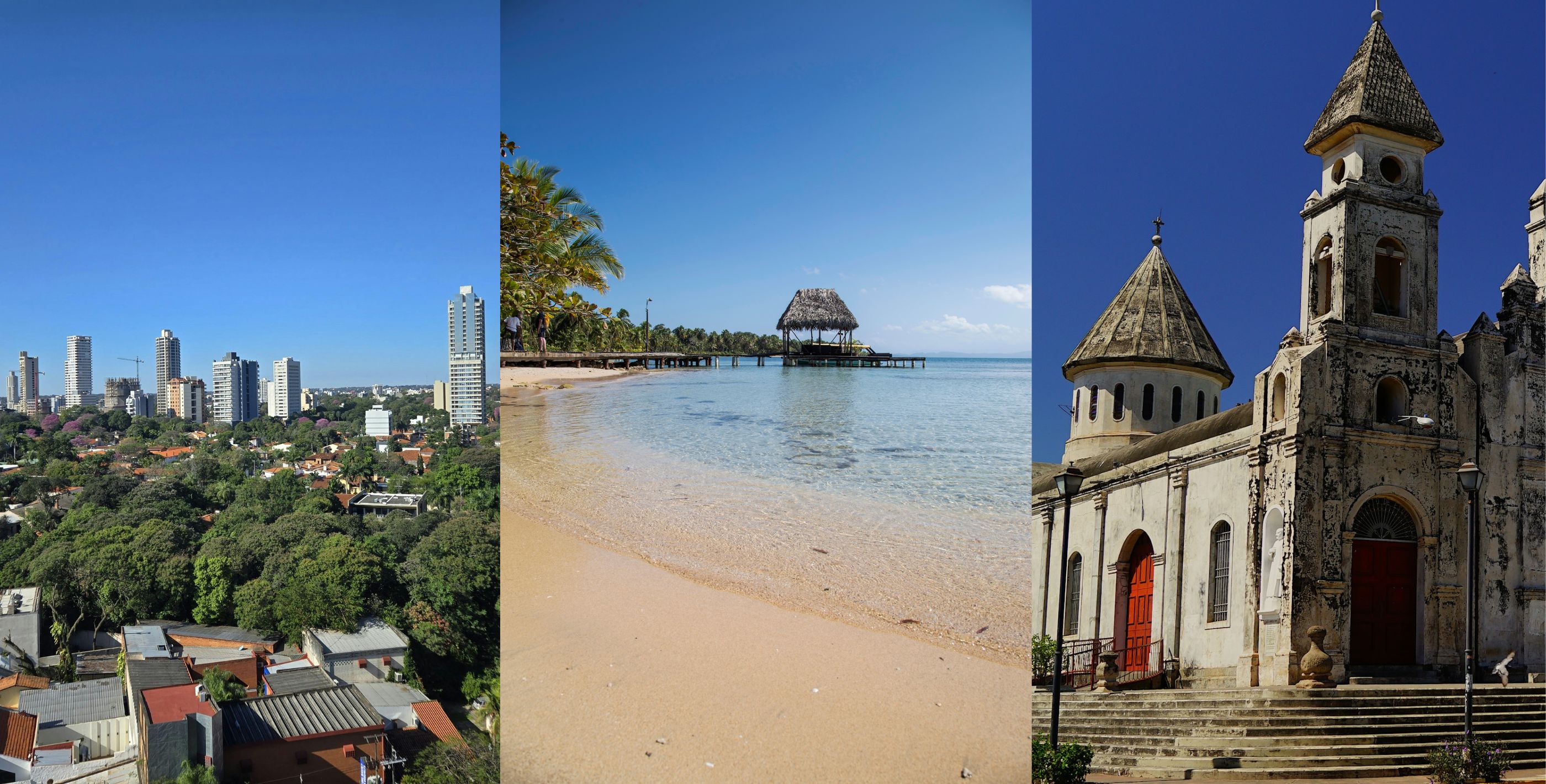 Paraguay vs Belize vs Nicaragua lifestyle comparison featuring the Asunción skyline, a Belizean beach, and a historic colonial church in Nicaragua