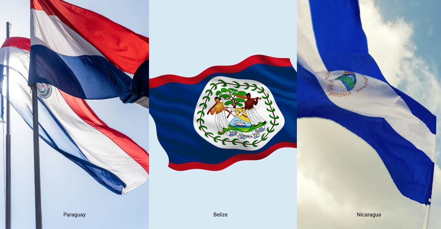 A Canva graphic displaying the flags of Paraguay vs Belize vs Nicaragua for a side-by-side comparison of residency and tax benefits