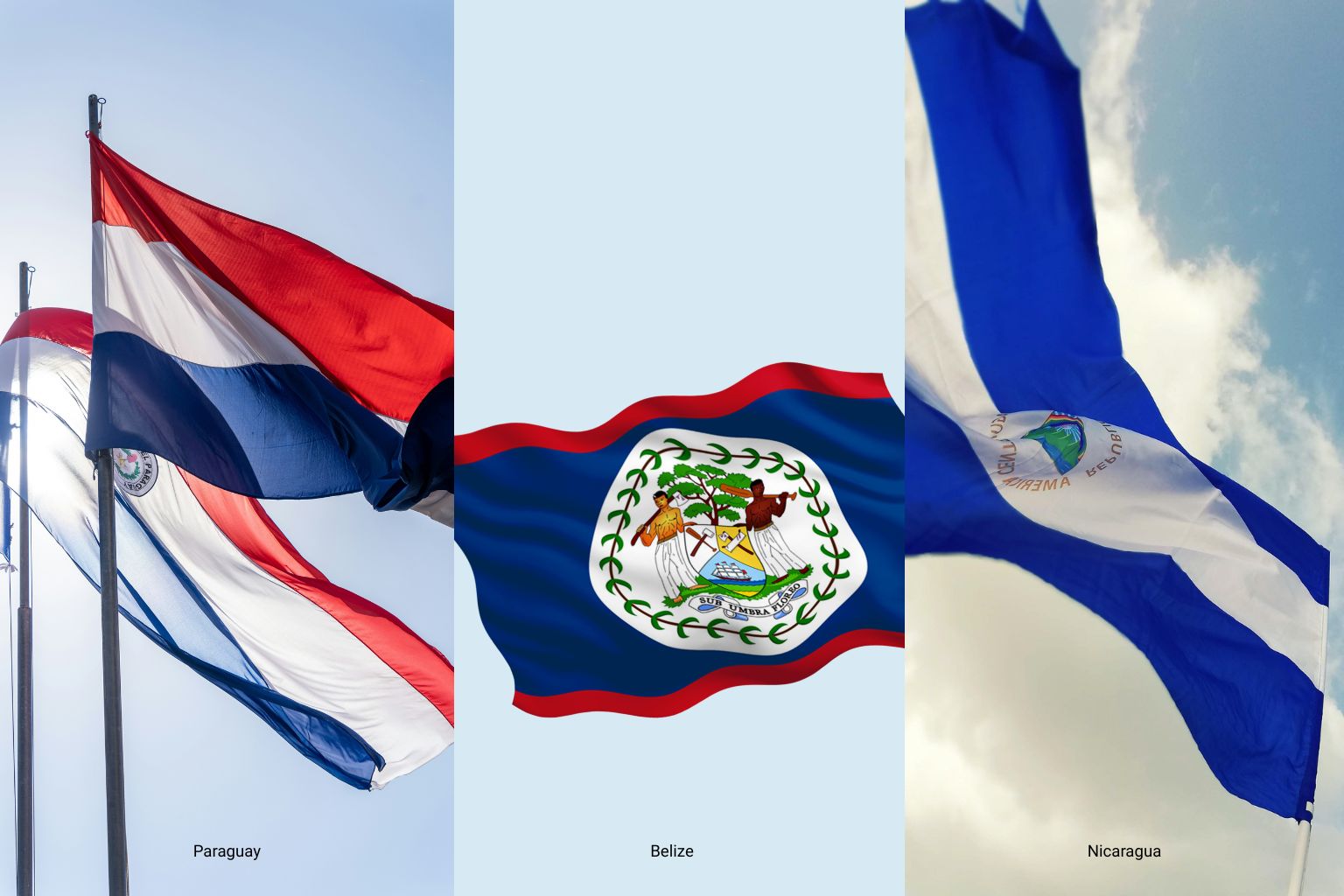 A Canva graphic displaying the flags of Paraguay vs Belize vs Nicaragua for a side-by-side comparison of residency and tax benefits