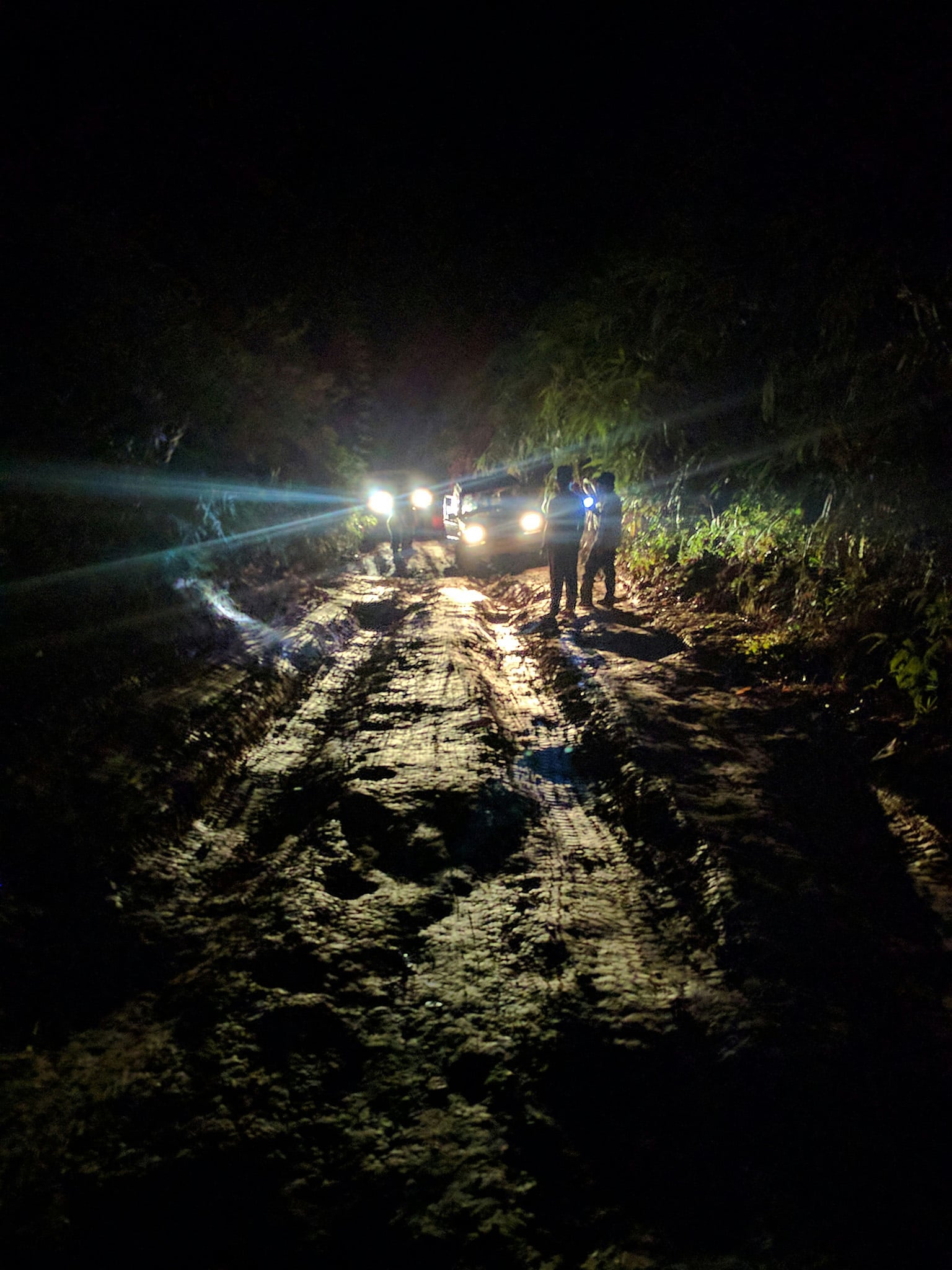 Cars with headlights on a muddy, potholed road at night, illustrating real driving hazards in Paraguay 